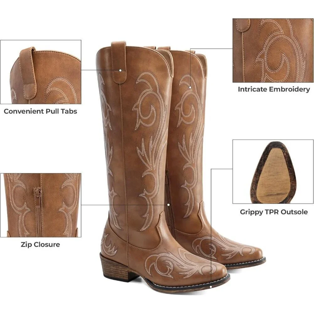 🆕Womens Faux Leather Brown Knee High Chunky Heel Side Zipper Embroidered Boots